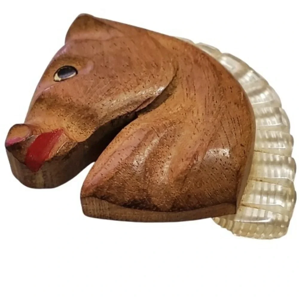 RARE Vintage Wood Horse Brooch Lucite Brooch Pin LARGE 3 1/8 x 2 3/4 inches
